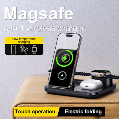 Bộ sạc không dây 3 trong 1 sạc nhanh 15W với thiết kế có thể gập lại và hút từ tính